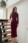 Bordo Bisiklet Yaka Önü Tokalı Elbise