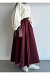 Bordo Poplin Bel Lastikli Çift Cepli Etek