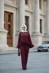 Bordo Saten İkili Volan Detaylı Tesettür Takım