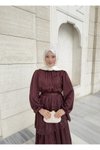 Bordo Şifon Volan Detaylı Kuşaklı Elbise