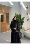 Siyah Fırfır Geçişli Şifon Elbise