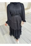 Siyah Volan Detaylı Kuşaklı Şifon Elbise