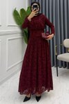Bordo Dantel Bel Detaylı Abiye Elbise