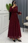 Bordo Dantel Bel Detaylı Abiye Elbise