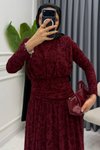 Bordo Dantel Bel Detaylı Abiye Elbise