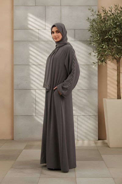 Gri Takım Taş İşlemeli Şallı Ferace