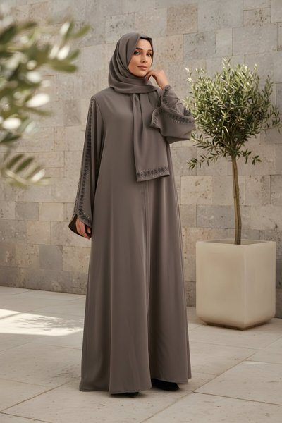 Kahverengi Takım Özel Tasarım Şallı Ferace