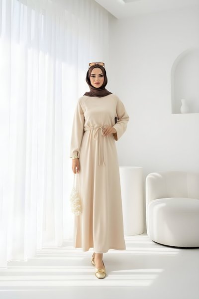 Krem Tünelli Tesettür Elbise