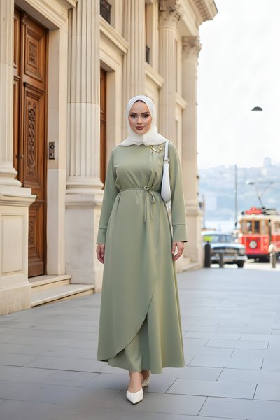 Mint Kruvaze Bağlamalı Elbise