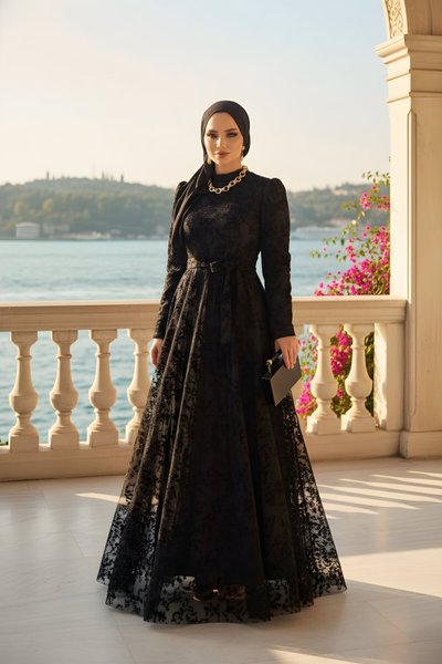 Siyah Flok Desen Tül Abiye Elbise