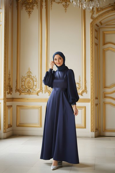 Lacivert Şifon Detaylı Saten Abiye Elbise