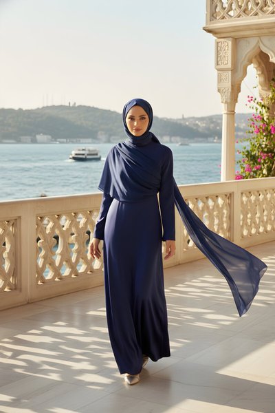 Lacivert Şifon Detaylı Saten Abiye Elbise