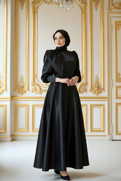 Siyah Faraz Saten Mezuniyet Balo Abiye Elbise