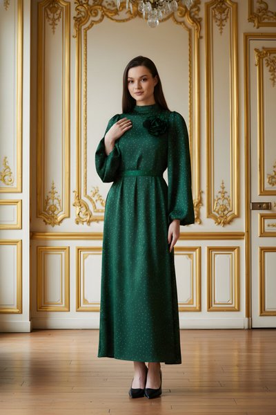 Yeşil Taşlı Saten Abiye Elbise
