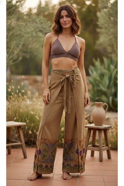 Bej Otantik Nakış İşlemeli Harem Şalvar Bulmaca Pantolon