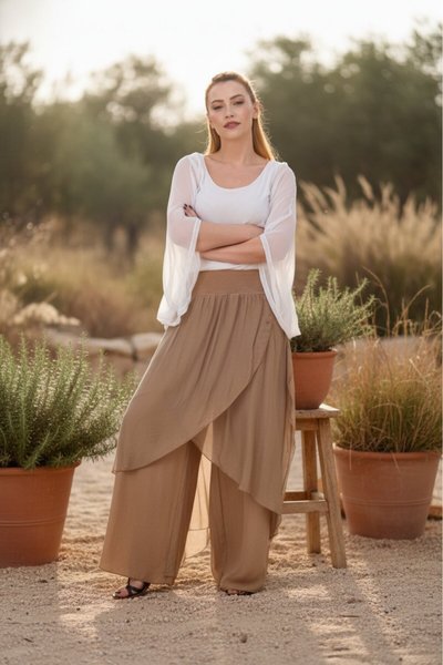 Camel Asimetrik Kapaklı İpek Şalvar Pantolon