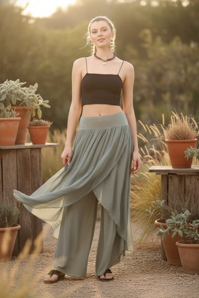 Haki Asimetrik Kapaklı İpek Şalvar Pantolon