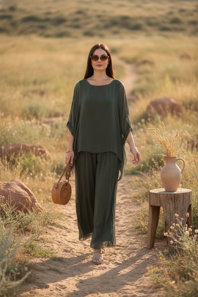 Koyu Haki İtalyan Stil Korse Belli Astarlı İpek Pantolon