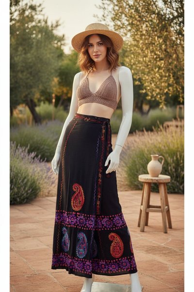 Renkli Hint Batik Çiçek Desenli İşlemeli Anvelop Etek