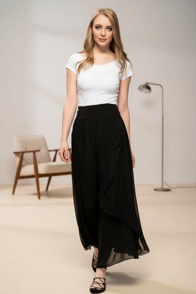 Siyah Asimetrik Kapaklı İpek Şalvar Pantolon