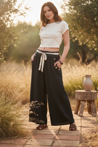 Antrasit Otantik Bol Paçalı İtalyan Korsajlı Düğme Detaylı Kemerli Keten Pantolon