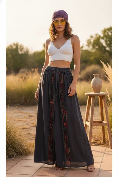 Antrasit Otantik Nakış İşlemeli Harem Şalvar Pantolon