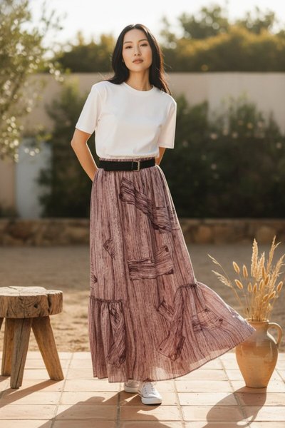 Bordo Bohem Kemerli Beli Lastikli Şifon Etek