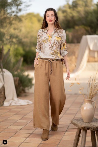 Camel İtalyan Korsajlı Tokalı Kemerli Bol Paça Keten Pantolon