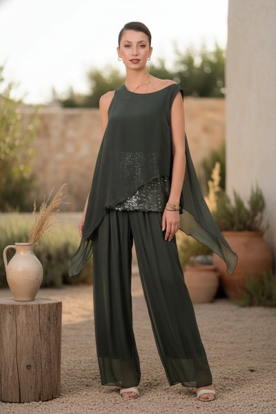 Koyu Haki İtalyan Büyük Beden Astarlı Lastikli İpek Pantolon