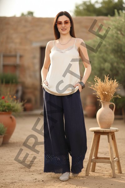 Lacivert İtalyan Fisto Paça Detaylı Keten Pantolon