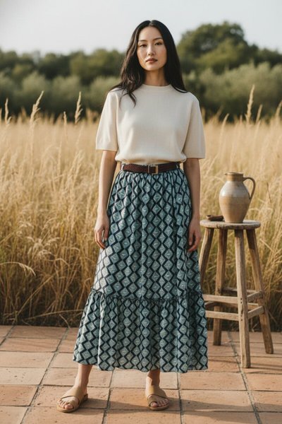 Mint Bohem Kemerli Beli Lastikli Şifon Etek