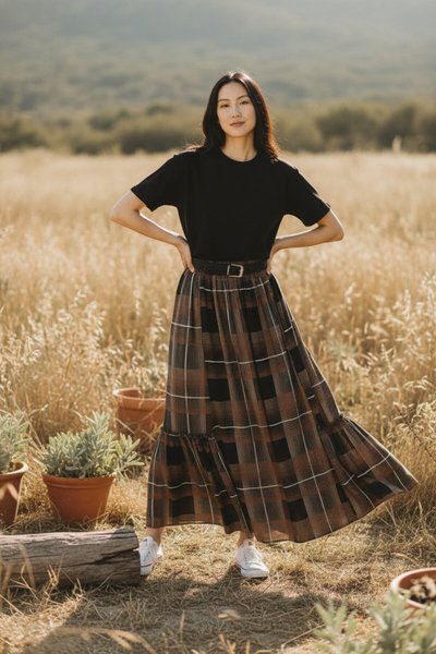 Bohemian Chiffon Elastic Waist Belted Skirt - Black