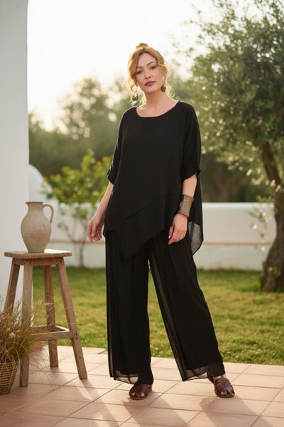 Siyah İtalyan Büyük Beden Astarlı Lastikli İpek Pantolon