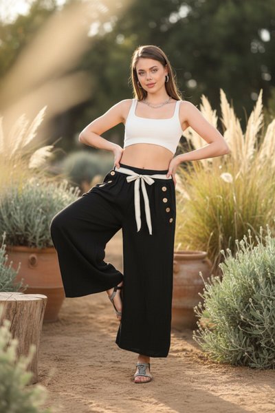 Siyah Otantik Bol Paça İtalyan Korsajlı Düğme Detaylı Keten Pantolon