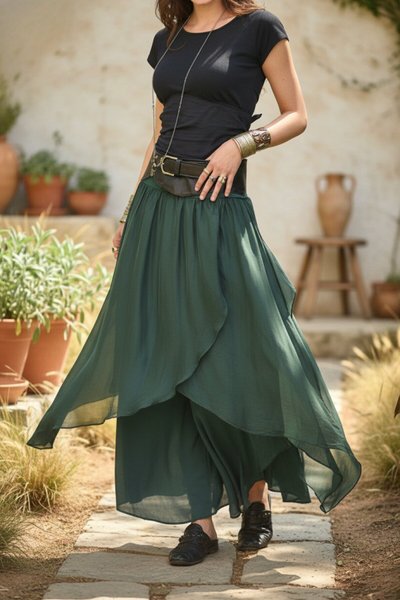 Zümrüt Yeşili Asimetrik Kapaklı İpek Şalvar Pantolon