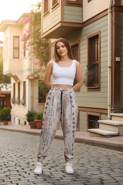 Bej Baskılı Bürümcük Spor Şalvar Pantolon