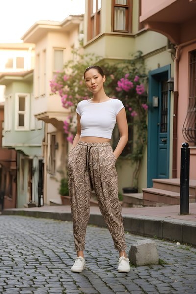 Bej Baskılı Sokak Tarzı Spor Şalvar Bürümcük Pantolon