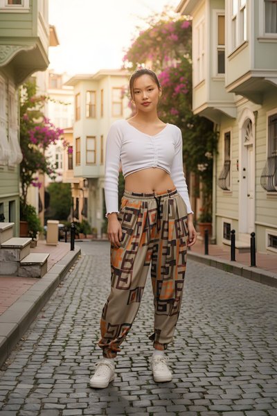 Bej Baskılı Sokak Tarzı Spor Şalvar Bürümcük Pantolon