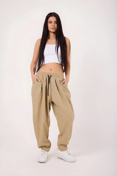 Bej Baskılı Spor Sokak Tarzı Şalvar Pantolon