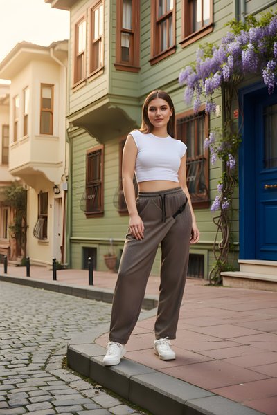 Bej Sokak Tarzı Baggy Kuşaklı Pantolon