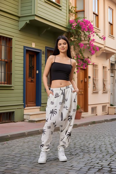 Beyaz Baskılı Sokak Tarzı Spor Şalvar Pantolon