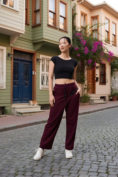 Bordo Baggy Sokak Tarzı Kuşaklı Pantolon