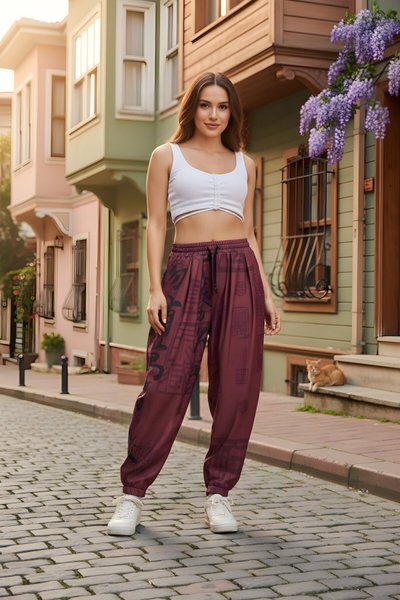 بنطال شروال رياضي بنمط الشارع عنابي مطبوع قماش برومجوك