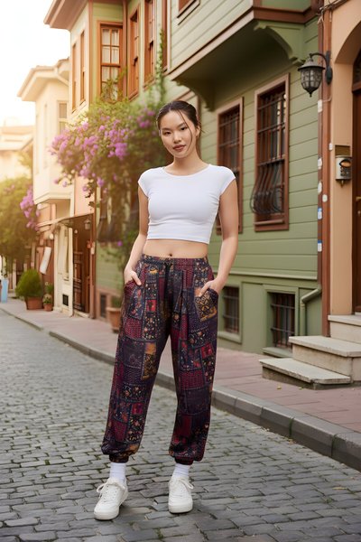 بنطلون شروال رياضي لون بوردو مطبوع قماش بورومجوك