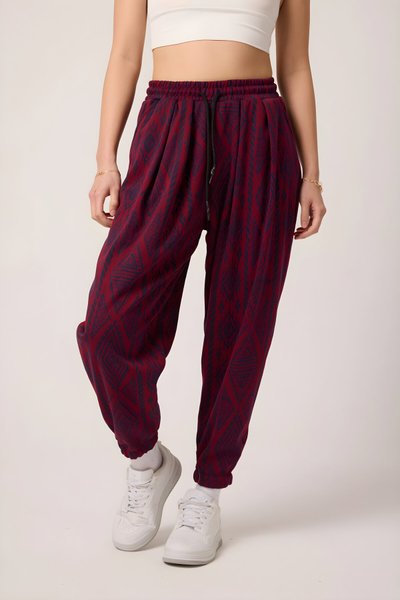 Bordo Desenli Jakar Spor Sokak Tarzı Şalvar Pantolon