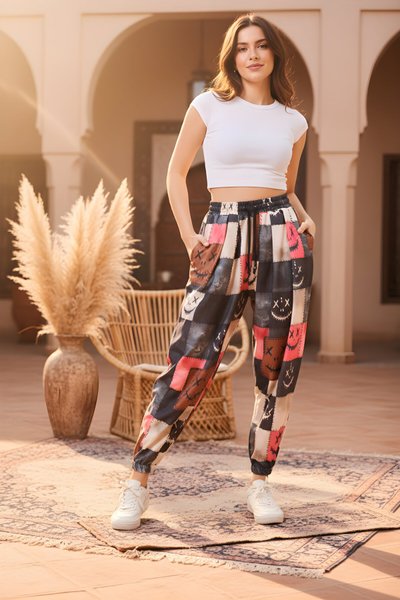 بنطلون شروال رياضي بنمط الشارع متعدد الألوان منقوش مجعد