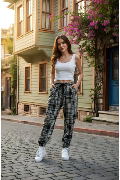 Çok Renkli Ekose Desen Şalvar Pileli Pantolon