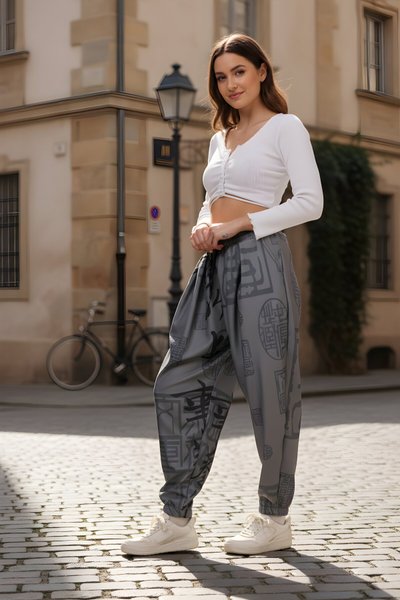 Gri Baskılı Sokak Tarzı Spor Şalvar Bürümcük Pantolon