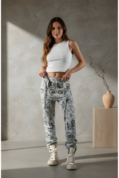 Gri Geometrik Desenli Jogger Kuşaklı Pantolon