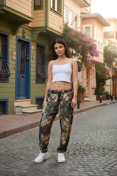 بنطلون باجيت رياضي بنمط الشارع خاكي مطبوع